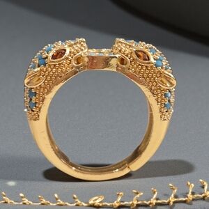 18k Gold Plated Duo Turquoise Crystal Panther Doorknocker Ring